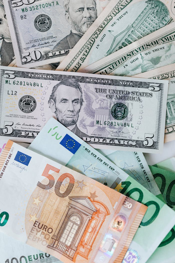 contact-img From above of chaotic pile of dollar banknotes and euro cash